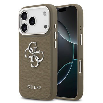 Apple iPhone 17 Pro Kılıf Guess Grained 4G Metal Büyük Logolu PU Kapak Kahverengi