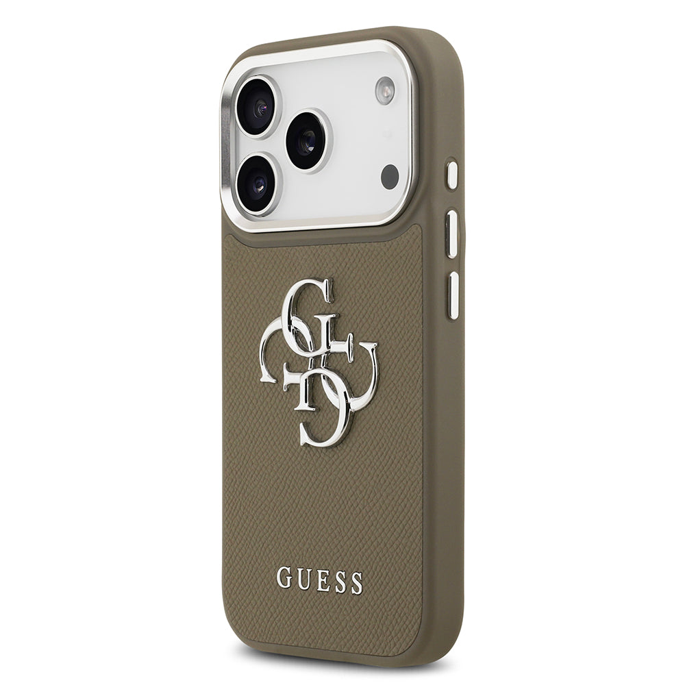 Apple iPhone 17 Pro Kılıf Guess Grained 4G Metal Büyük Logolu PU Kapak Kahverengi