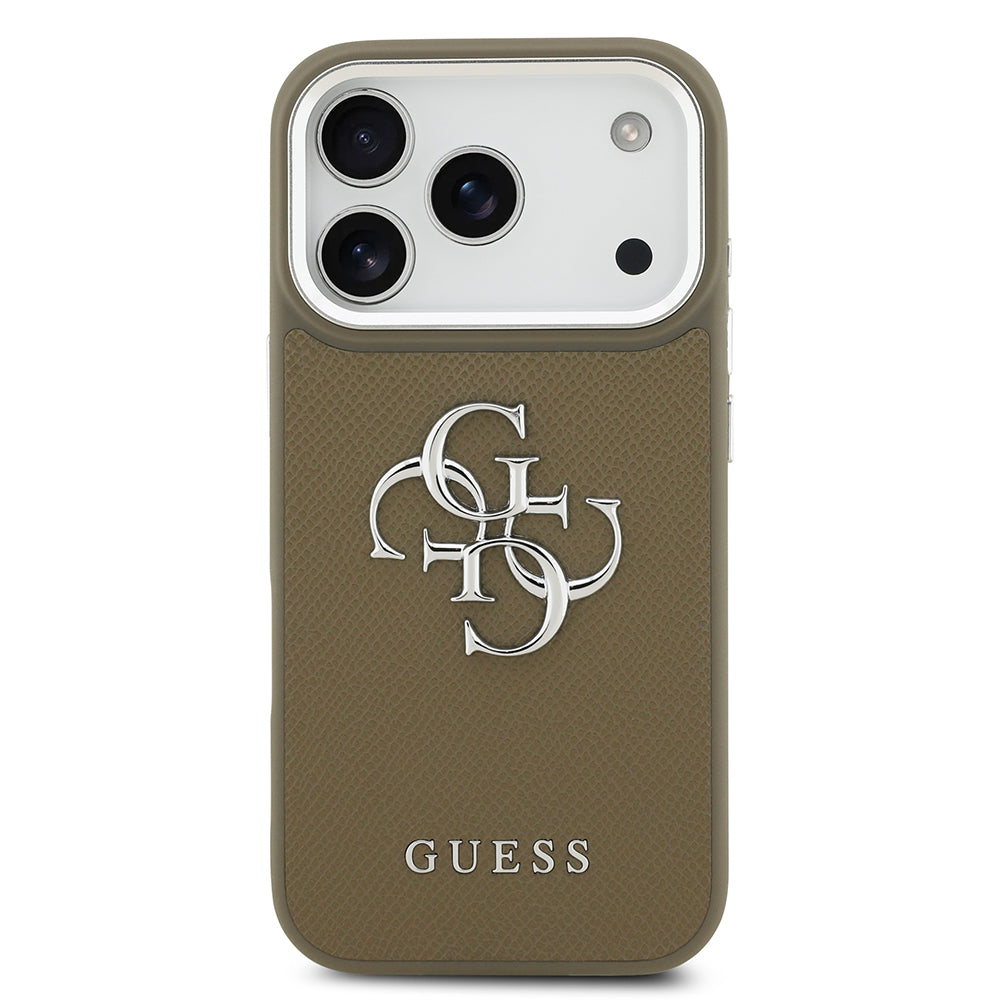 Apple iPhone 17 Pro Kılıf Guess Grained 4G Metal Büyük Logolu PU Kapak Kahverengi