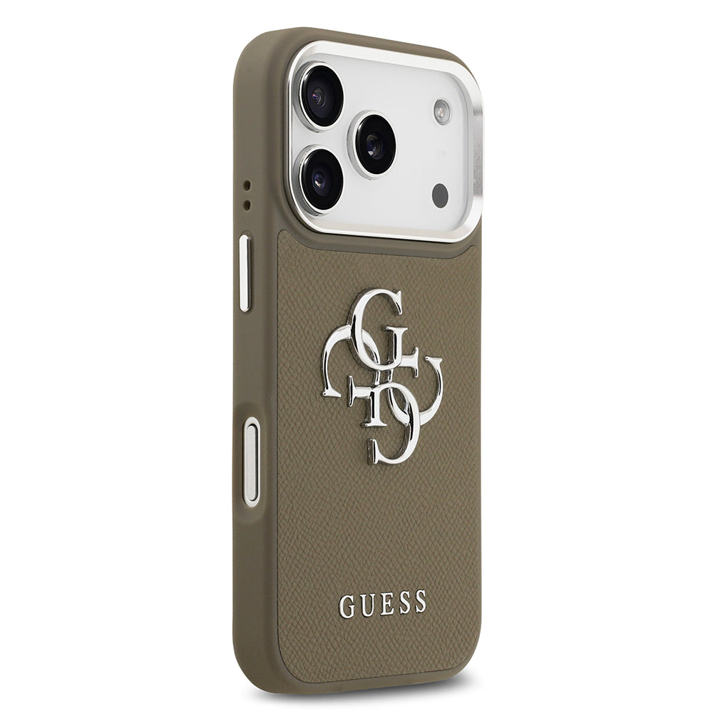 Apple iPhone 17 Pro Kılıf Guess Grained 4G Metal Büyük Logolu PU Kapak Kahverengi