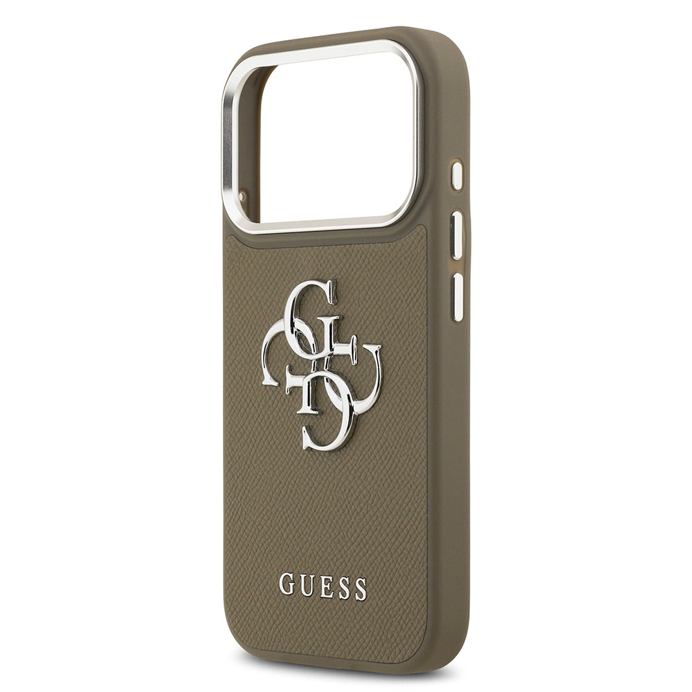 Apple iPhone 17 Pro Kılıf Guess Grained 4G Metal Büyük Logolu PU Kapak Kahverengi