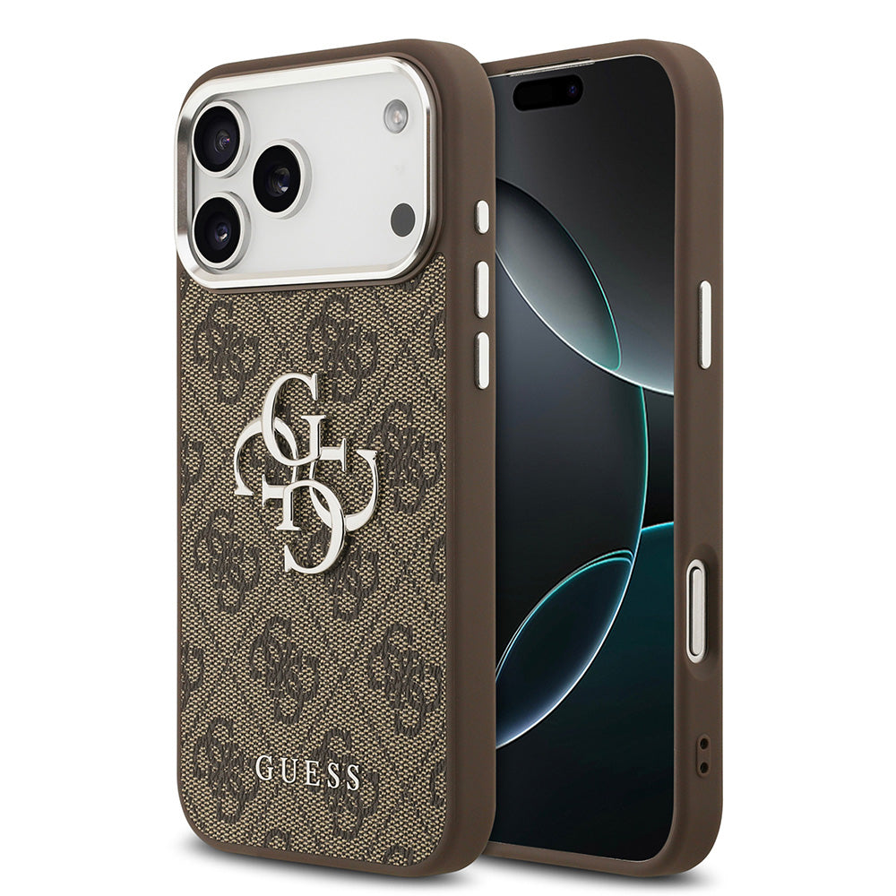 Apple iPhone 17 Pro Max Kılıf Guess Gümüş Metal Kamera Çerçeveli Büyük 4G ve Yazı Logolu Kapak Kahverengi