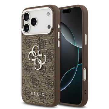 Apple iPhone 17 Pro Max Kılıf Guess Gümüş Metal Kamera Çerçeveli Büyük 4G ve Yazı Logolu Kapak Kahverengi