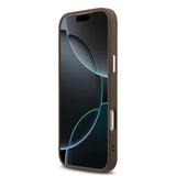 Apple iPhone 17 Pro Max Kılıf Guess Gümüş Metal Kamera Çerçeveli Büyük 4G ve Yazı Logolu Kapak Kahverengi