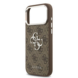 Apple iPhone 17 Pro Max Kılıf Guess Gümüş Metal Kamera Çerçeveli Büyük 4G ve Yazı Logolu Kapak Kahverengi