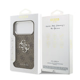 Apple iPhone 17 Pro Max Kılıf Guess Gümüş Metal Kamera Çerçeveli Büyük 4G ve Yazı Logolu Kapak Kahverengi