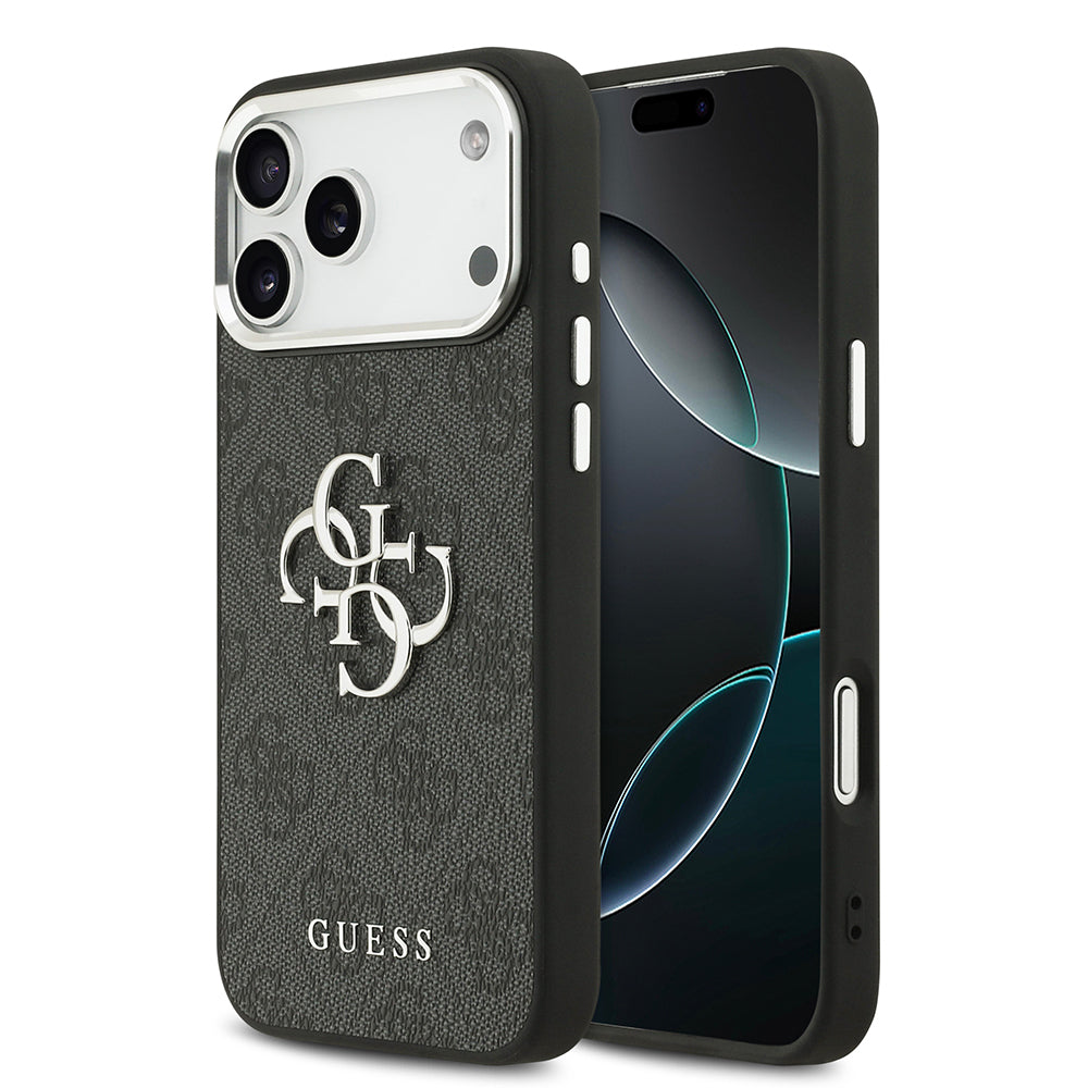 Apple iPhone 17 Pro Max Kılıf Guess Gümüş Metal Kamera Çerçeveli Büyük 4G ve Yazı Logolu Kapak Siyah