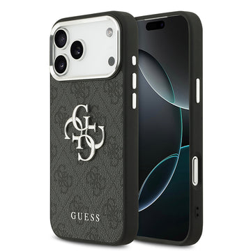 Apple iPhone 17 Pro Max Kılıf Guess Gümüş Metal Kamera Çerçeveli Büyük 4G ve Yazı Logolu Kapak Siyah