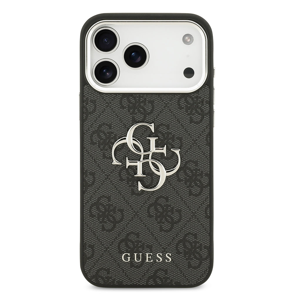 Apple iPhone 17 Pro Max Kılıf Guess Gümüş Metal Kamera Çerçeveli Büyük 4G ve Yazı Logolu Kapak Siyah