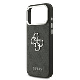 Apple iPhone 17 Pro Max Kılıf Guess Gümüş Metal Kamera Çerçeveli Büyük 4G ve Yazı Logolu Kapak Siyah