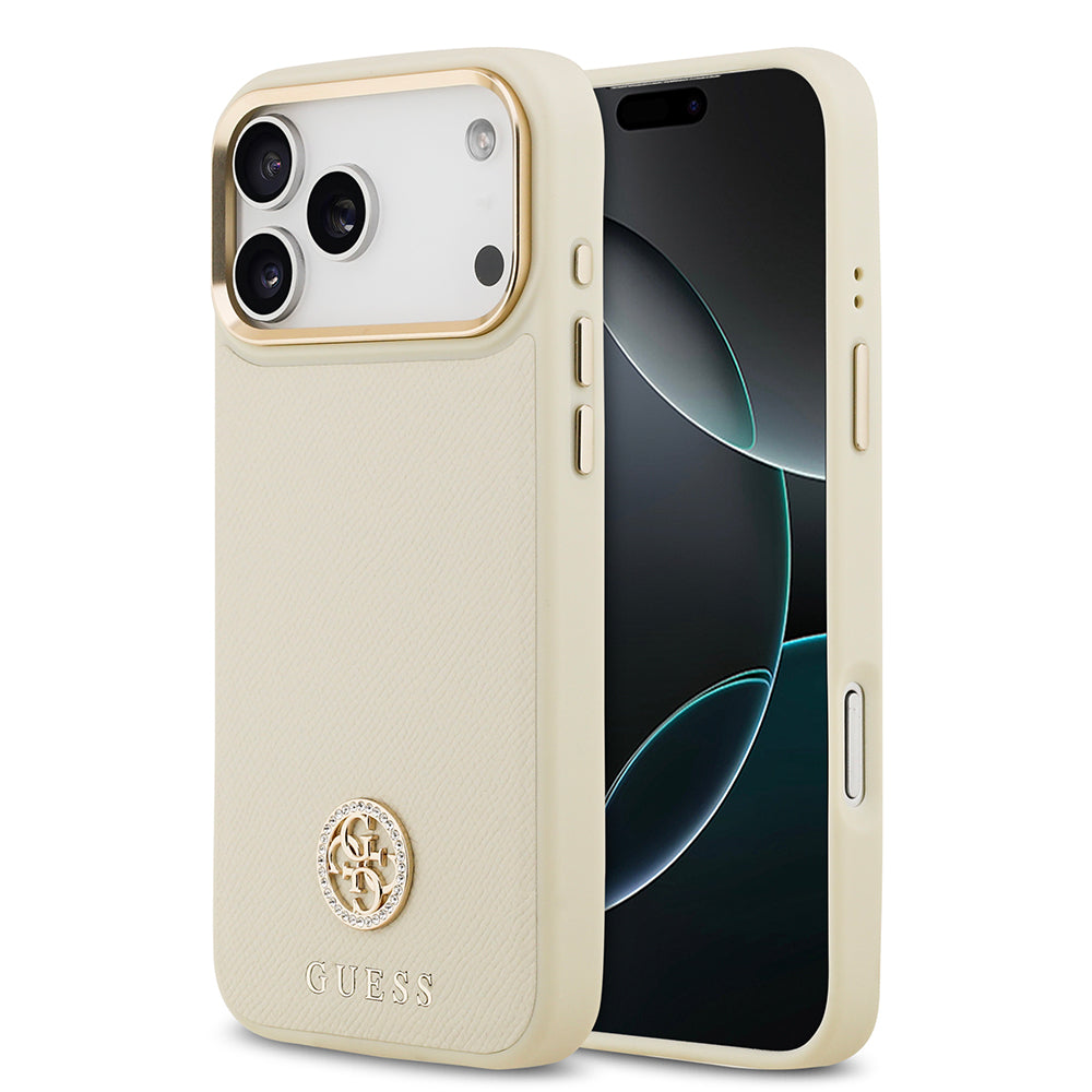 Apple iPhone 17 Pro Max Kılıf Guess M-safe Özellikli Grained Yazı ve Taşlı 4G Logolu Kapak Bej