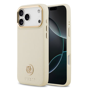 Apple iPhone 17 Pro Max Kılıf Guess M-safe Özellikli Grained Yazı ve Taşlı 4G Logolu Kapak Bej