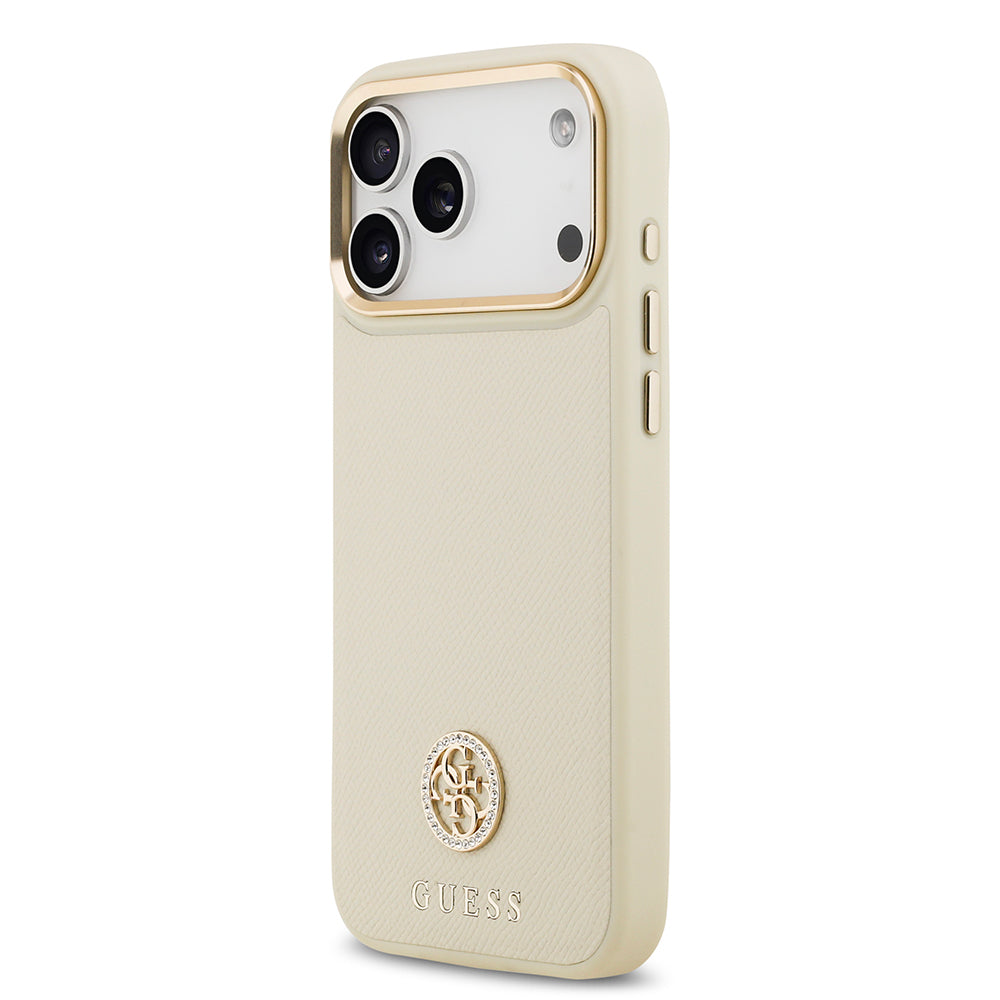 Apple iPhone 17 Pro Max Kılıf Guess M-safe Özellikli Grained Yazı ve Taşlı 4G Logolu Kapak Bej