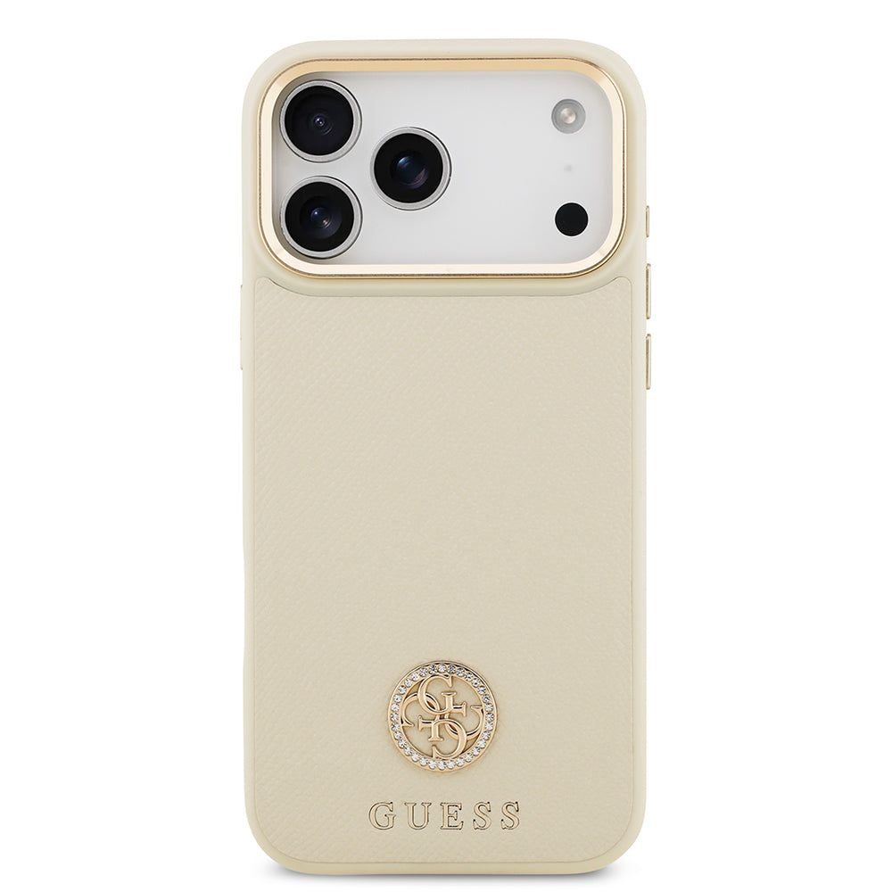 Apple iPhone 17 Pro Max Kılıf Guess M-safe Özellikli Grained Yazı ve Taşlı 4G Logolu Kapak Bej