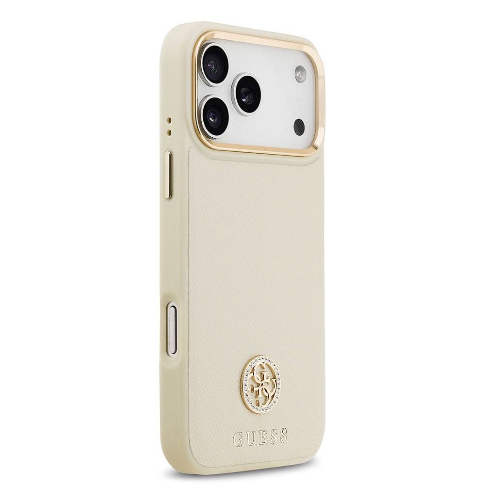 Apple iPhone 17 Pro Max Kılıf Guess M-safe Özellikli Grained Yazı ve Taşlı 4G Logolu Kapak Bej