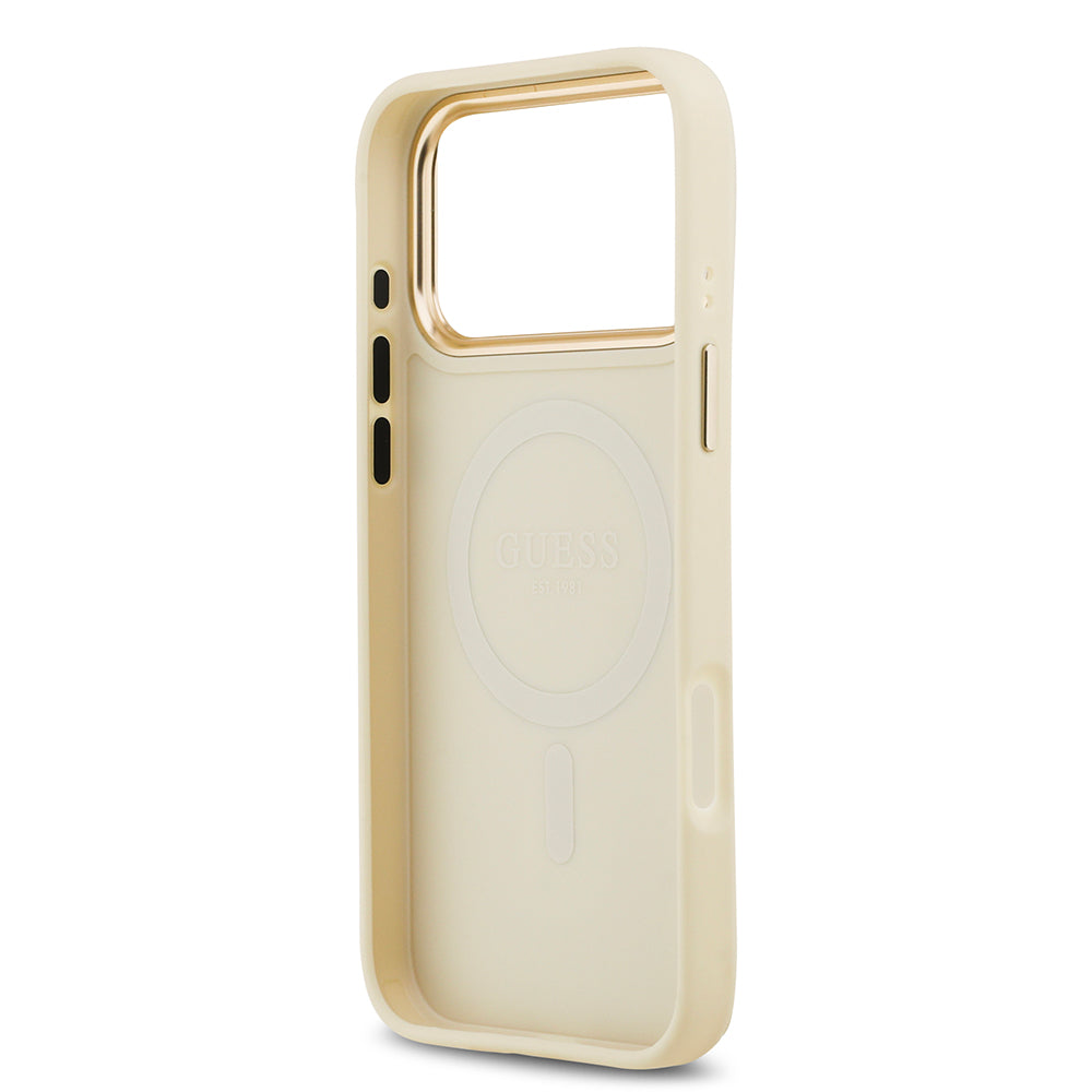 Apple iPhone 17 Pro Max Kılıf Guess M-safe Özellikli Grained Yazı ve Taşlı 4G Logolu Kapak Bej