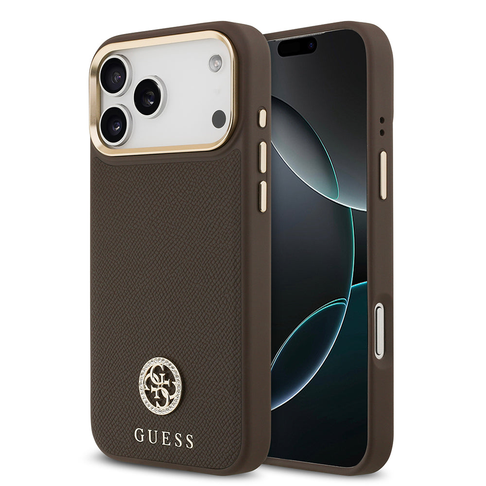 Apple iPhone 17 Pro Max Kılıf Guess M-safe Özellikli Grained Yazı ve Taşlı 4G Logolu Kapak Kahverengi