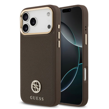 Apple iPhone 17 Pro Max Kılıf Guess M-safe Özellikli Grained Yazı ve Taşlı 4G Logolu Kapak Kahverengi