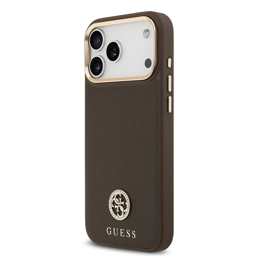 Apple iPhone 17 Pro Max Kılıf Guess M-safe Özellikli Grained Yazı ve Taşlı 4G Logolu Kapak Kahverengi
