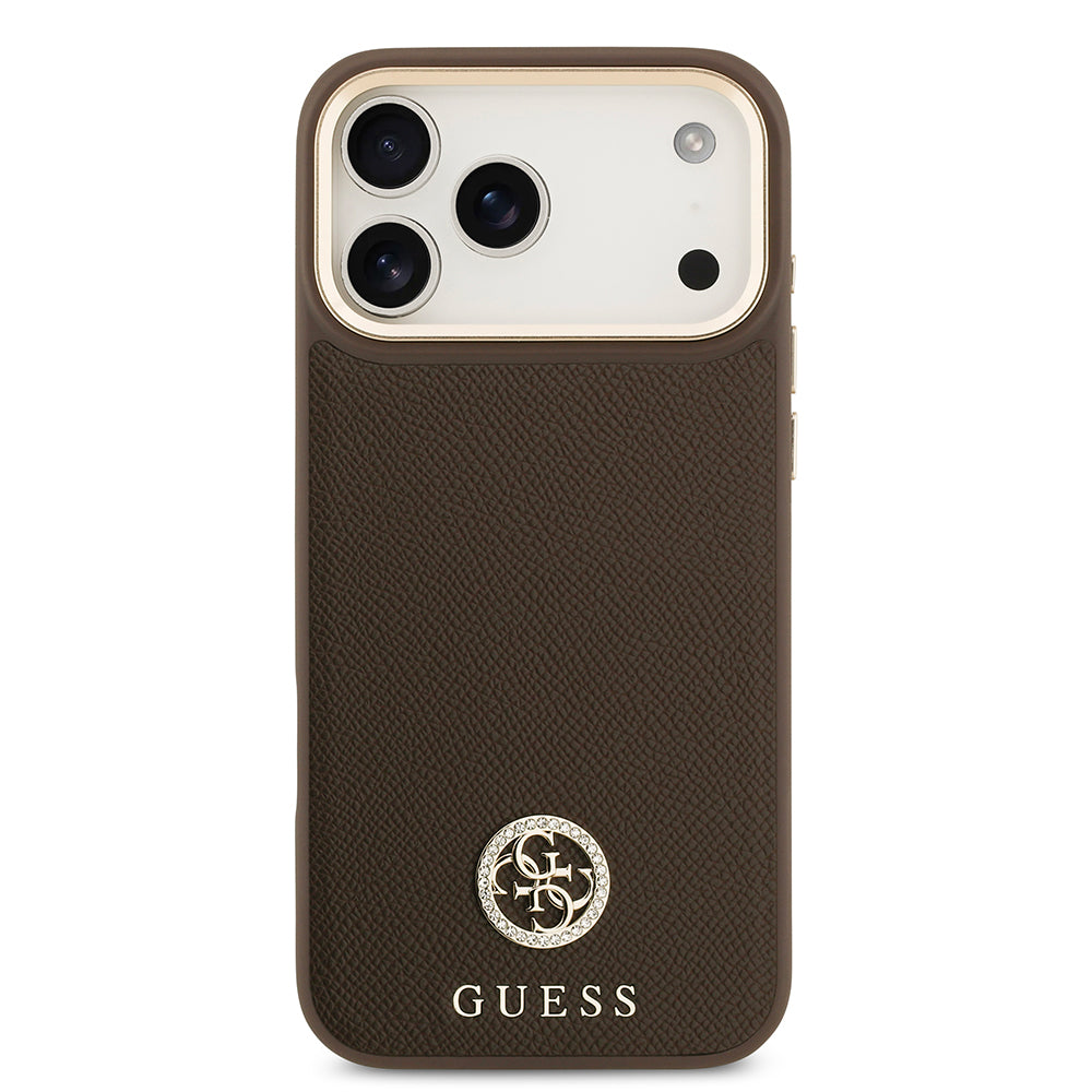 Apple iPhone 17 Pro Max Kılıf Guess M-safe Özellikli Grained Yazı ve Taşlı 4G Logolu Kapak Kahverengi