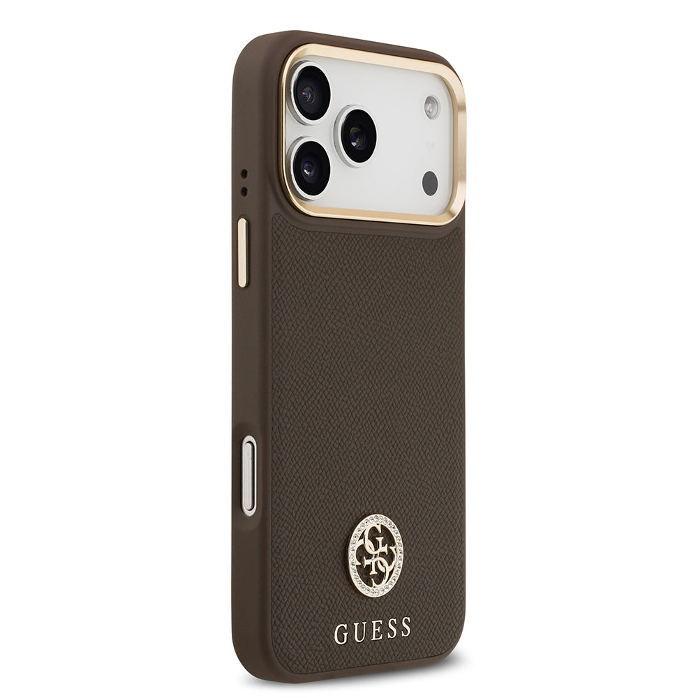 Apple iPhone 17 Pro Max Kılıf Guess M-safe Özellikli Grained Yazı ve Taşlı 4G Logolu Kapak Kahverengi