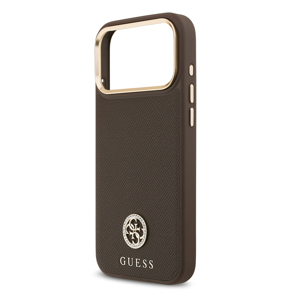 Apple iPhone 17 Pro Max Kılıf Guess M-safe Özellikli Grained Yazı ve Taşlı 4G Logolu Kapak Kahverengi
