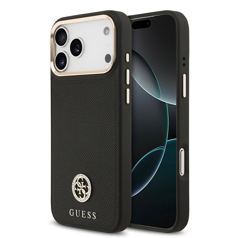 Apple iPhone 17 Pro Max Kılıf Guess M-safe Özellikli Grained Yazı ve Taşlı 4G Logolu Kapak Siyah