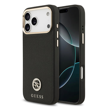 Apple iPhone 17 Pro Max Kılıf Guess M-safe Özellikli Grained Yazı ve Taşlı 4G Logolu Kapak Siyah