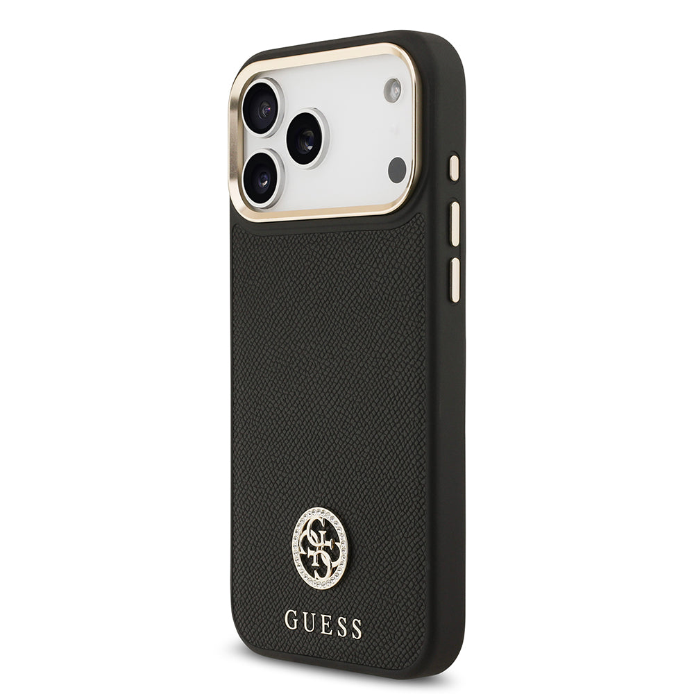 Apple iPhone 17 Pro Max Kılıf Guess M-safe Özellikli Grained Yazı ve Taşlı 4G Logolu Kapak Siyah