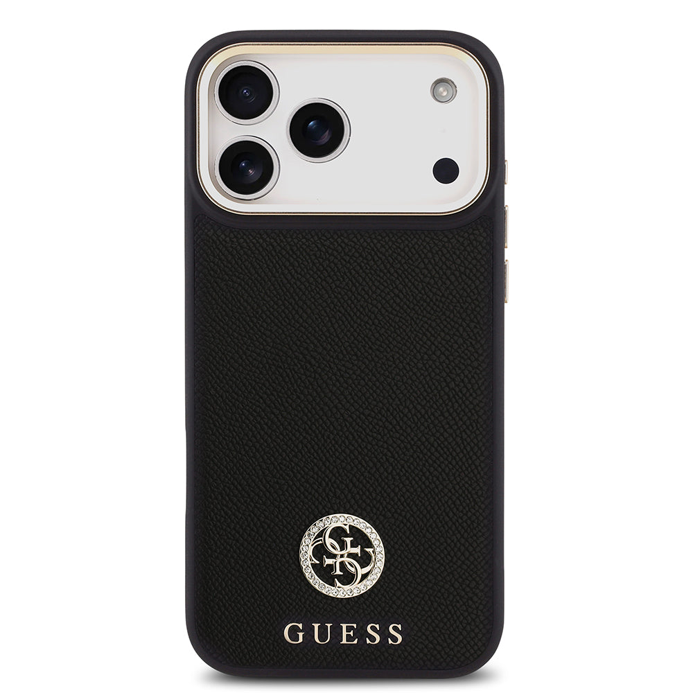 Apple iPhone 17 Pro Max Kılıf Guess M-safe Özellikli Grained Yazı ve Taşlı 4G Logolu Kapak Siyah
