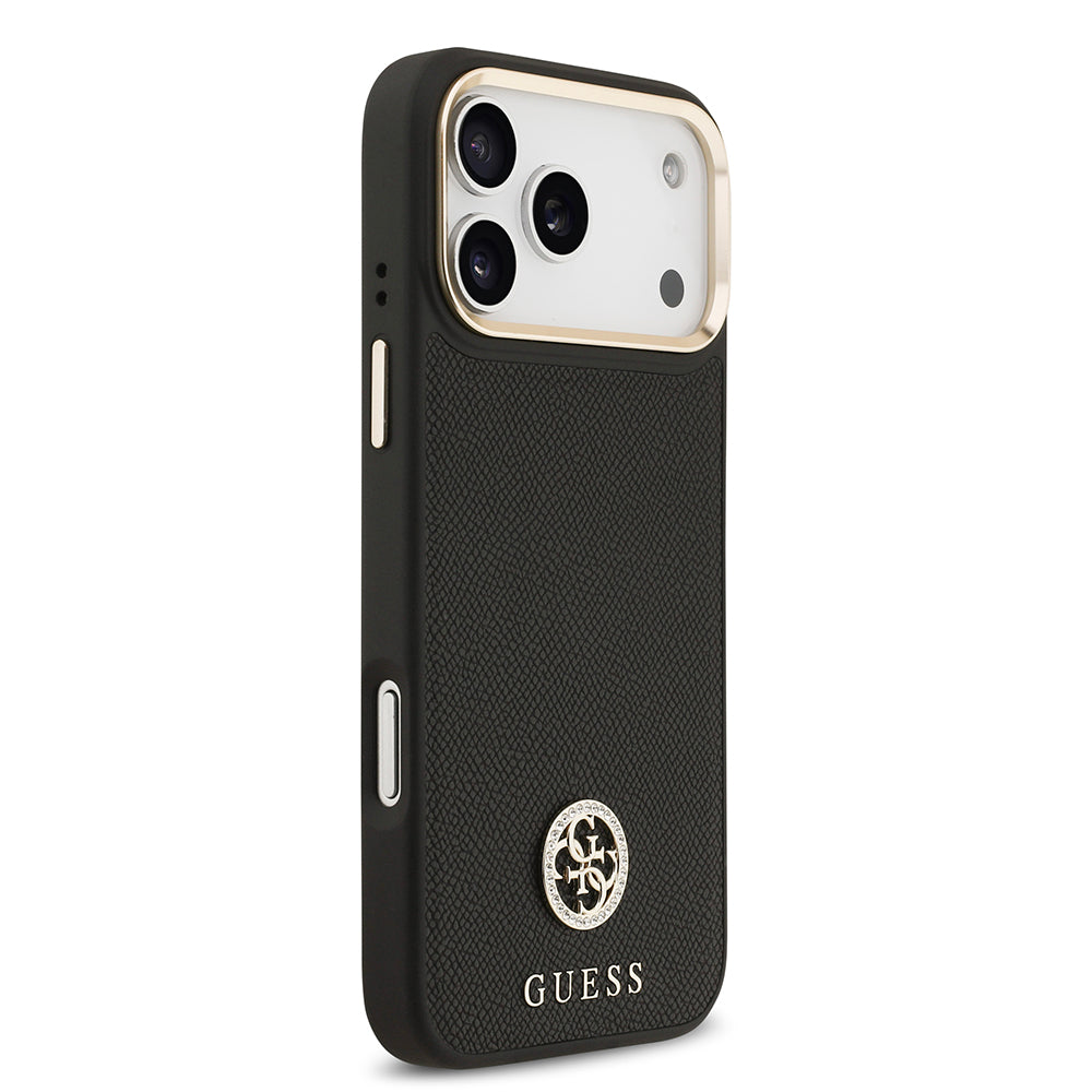 Apple iPhone 17 Pro Max Kılıf Guess M-safe Özellikli Grained Yazı ve Taşlı 4G Logolu Kapak Siyah