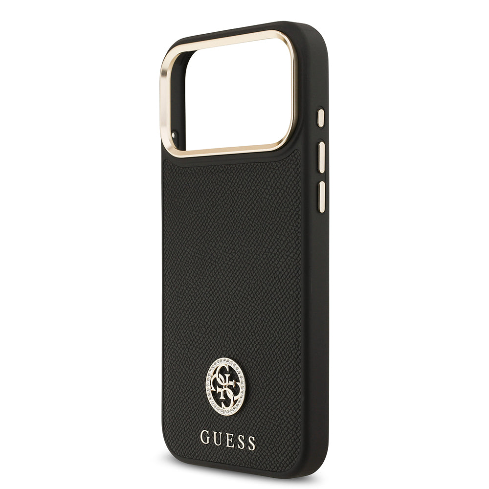 Apple iPhone 17 Pro Max Kılıf Guess M-safe Özellikli Grained Yazı ve Taşlı 4G Logolu Kapak Siyah