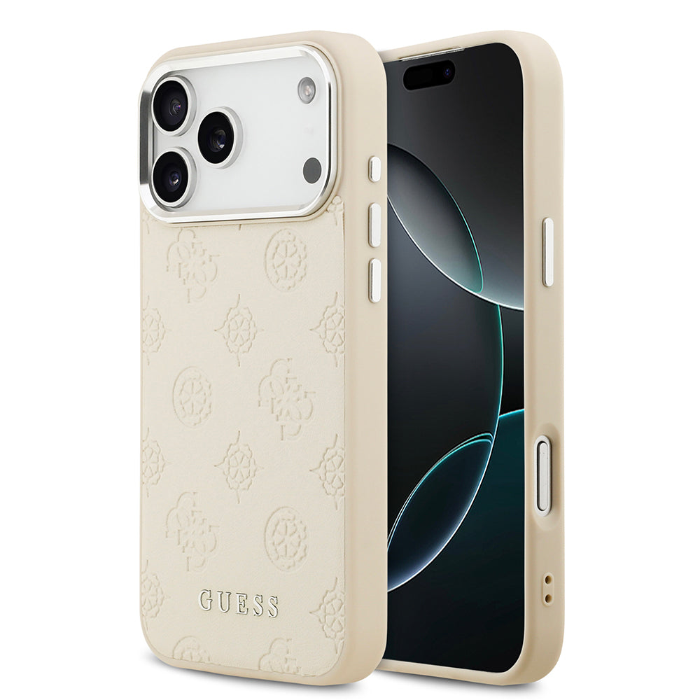 Apple iPhone 17 Pro Max Kılıf Guess M-safe Özellikli Sıcak Baskılı Klasik Logolu PU Peony Kapak Bej