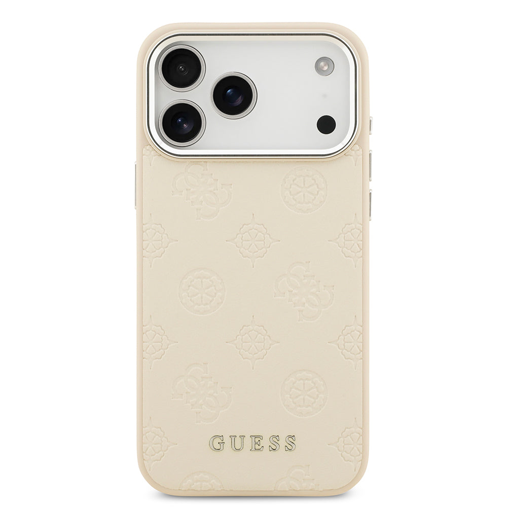 Apple iPhone 17 Pro Max Kılıf Guess M-safe Özellikli Sıcak Baskılı Klasik Logolu PU Peony Kapak Bej