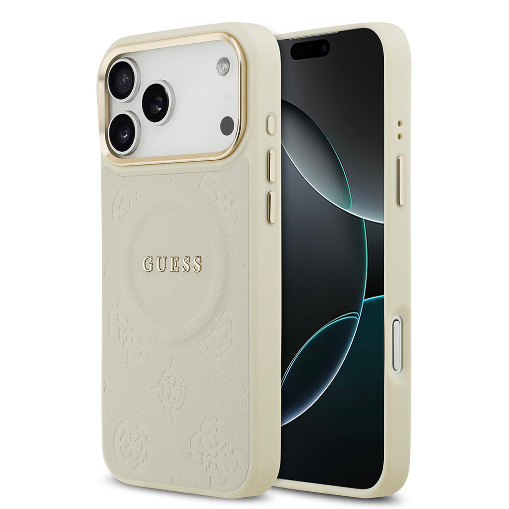 Apple iPhone 17 Pro Max Kılıf Guess M-safe Özellikli Yazı Logolu PU Deri Peony Kapak Bej