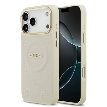 Apple iPhone 17 Pro Max Kılıf Guess M-safe Özellikli Yazı Logolu PU Deri Peony Kapak Bej