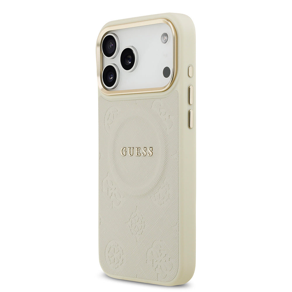 Apple iPhone 17 Pro Max Kılıf Guess M-safe Özellikli Yazı Logolu PU Deri Peony Kapak Bej