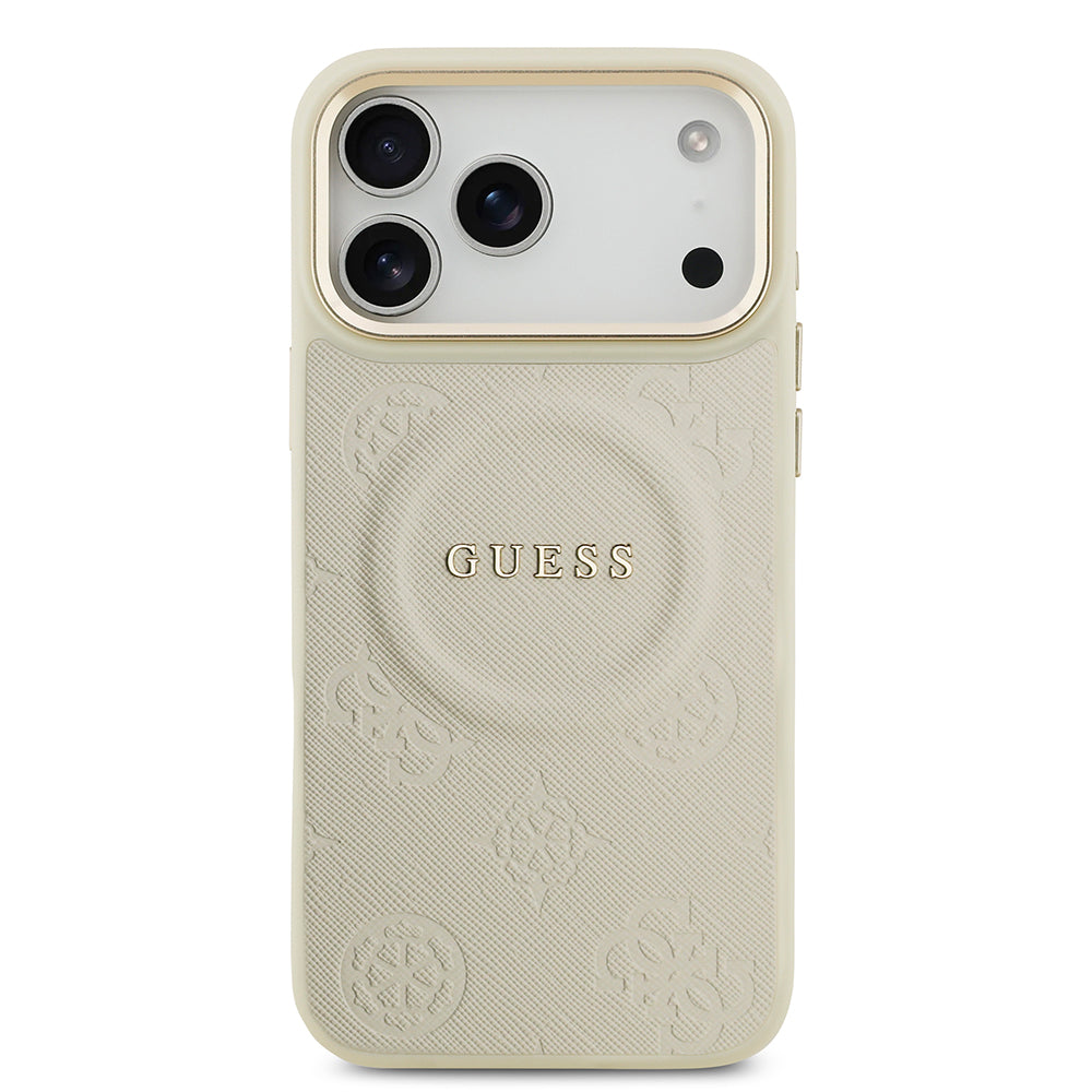 Apple iPhone 17 Pro Max Kılıf Guess M-safe Özellikli Yazı Logolu PU Deri Peony Kapak Bej