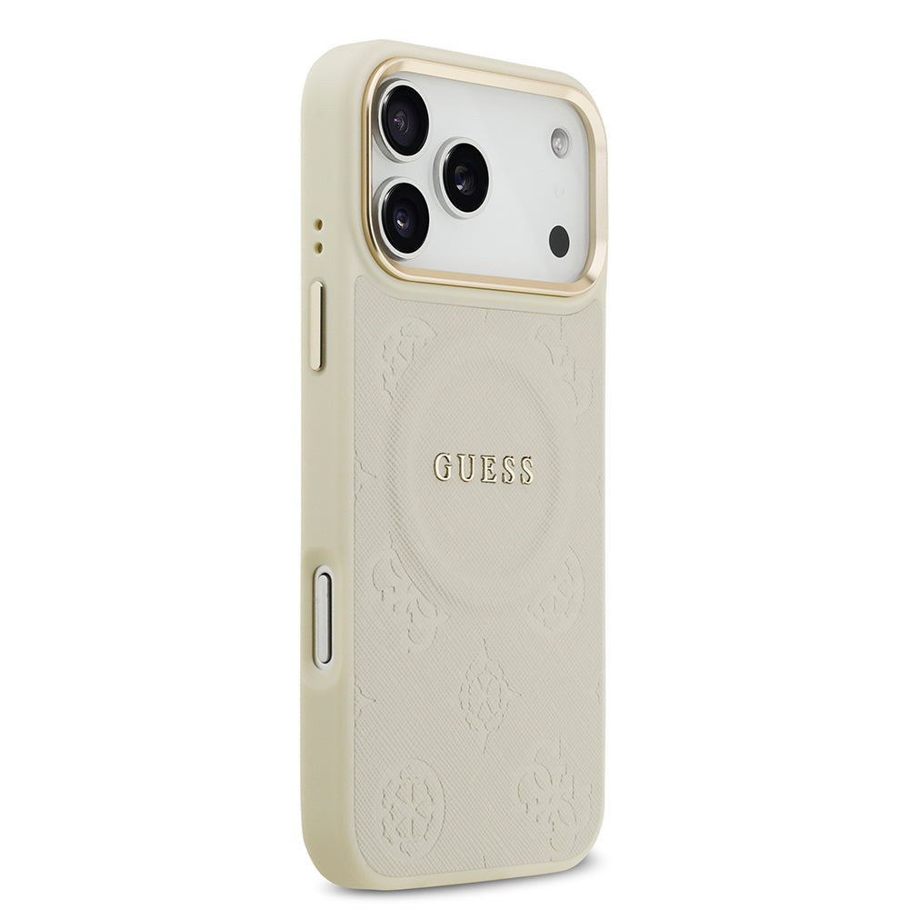 Apple iPhone 17 Pro Max Kılıf Guess M-safe Özellikli Yazı Logolu PU Deri Peony Kapak Bej