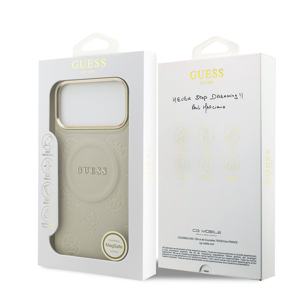 Apple iPhone 17 Pro Max Kılıf Guess M-safe Özellikli Yazı Logolu PU Deri Peony Kapak Bej