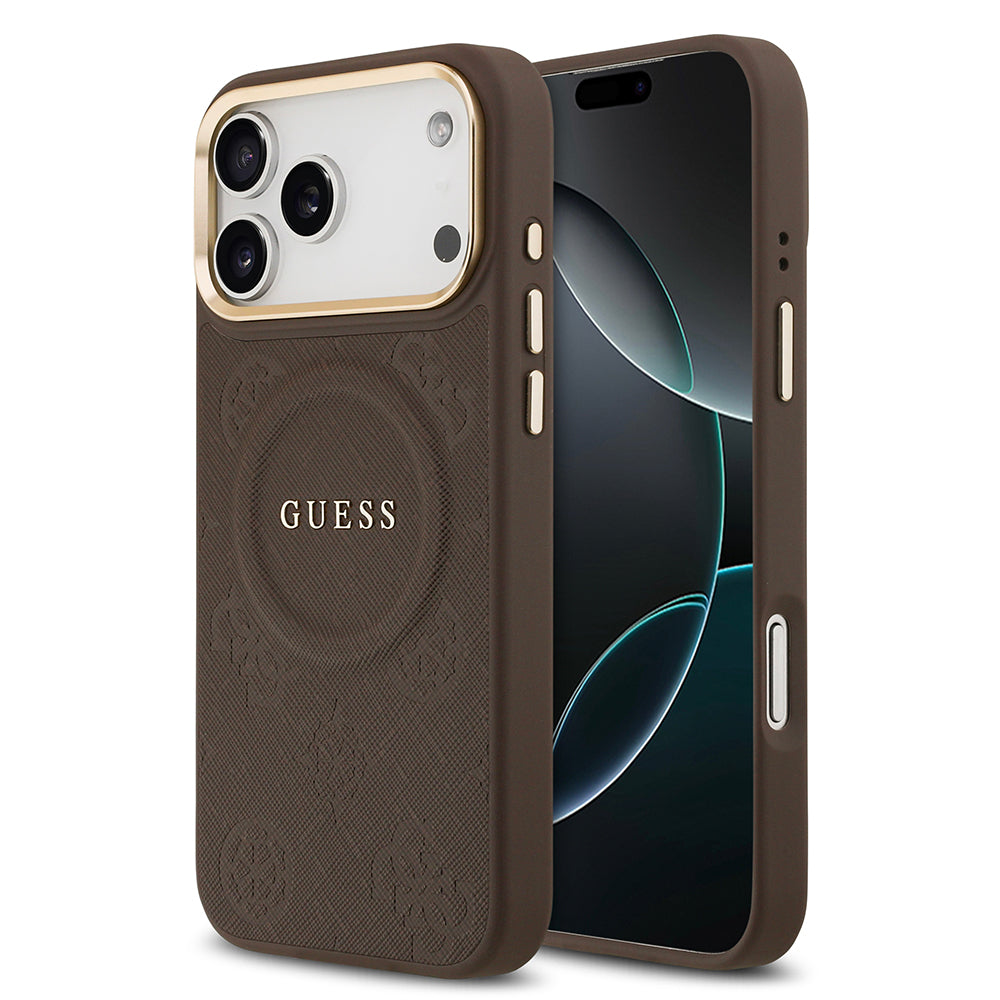 Apple iPhone 17 Pro Max Kılıf Guess M-safe Özellikli Yazı Logolu PU Deri Peony Kapak Kahverengi