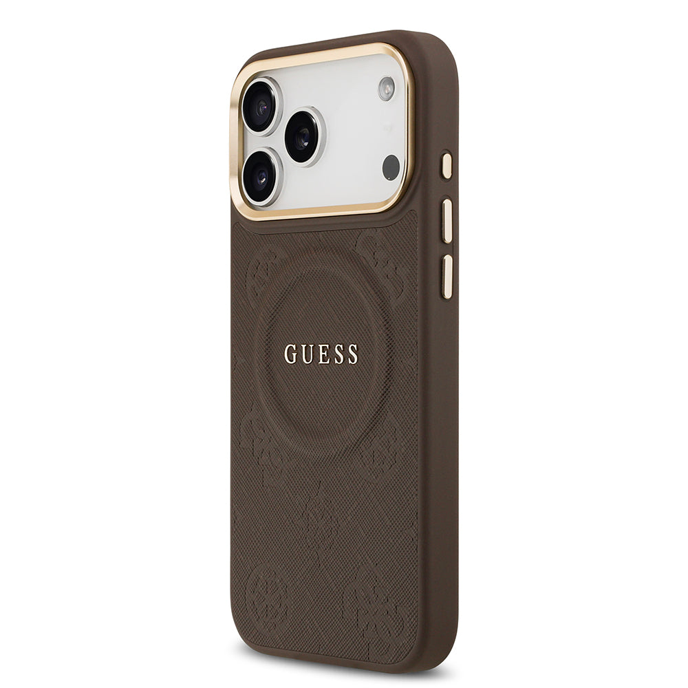 Apple iPhone 17 Pro Max Kılıf Guess M-safe Özellikli Yazı Logolu PU Deri Peony Kapak Kahverengi