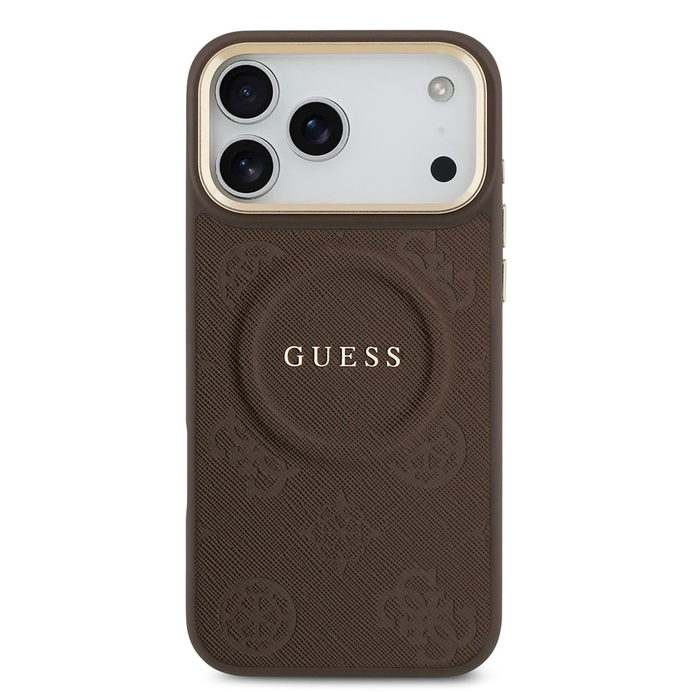 Apple iPhone 17 Pro Max Kılıf Guess M-safe Özellikli Yazı Logolu PU Deri Peony Kapak Kahverengi