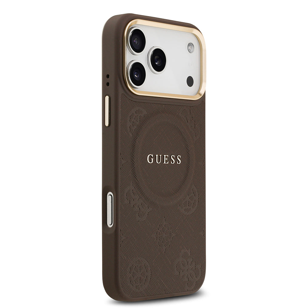 Apple iPhone 17 Pro Max Kılıf Guess M-safe Özellikli Yazı Logolu PU Deri Peony Kapak Kahverengi