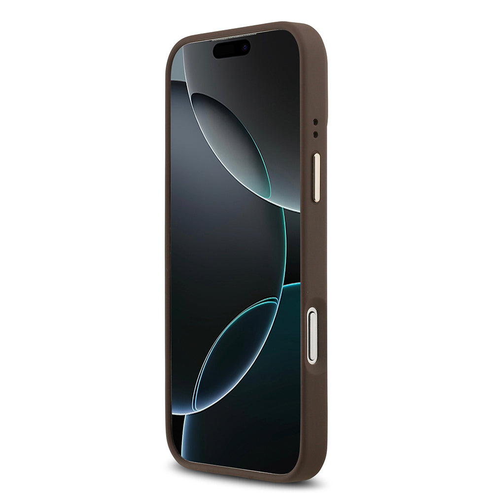 Apple iPhone 17 Pro Max Kılıf Guess M-safe Özellikli Yazı Logolu PU Deri Peony Kapak Kahverengi
