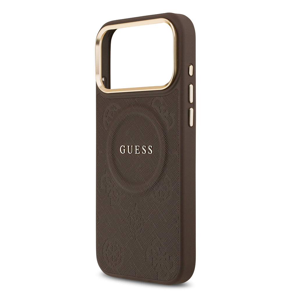 Apple iPhone 17 Pro Max Kılıf Guess M-safe Özellikli Yazı Logolu PU Deri Peony Kapak Kahverengi