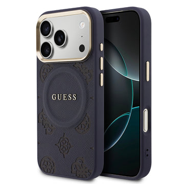 Apple iPhone 17 Pro Max Kılıf Guess M-safe Özellikli Yazı Logolu PU Deri Peony Kapak Lacivert