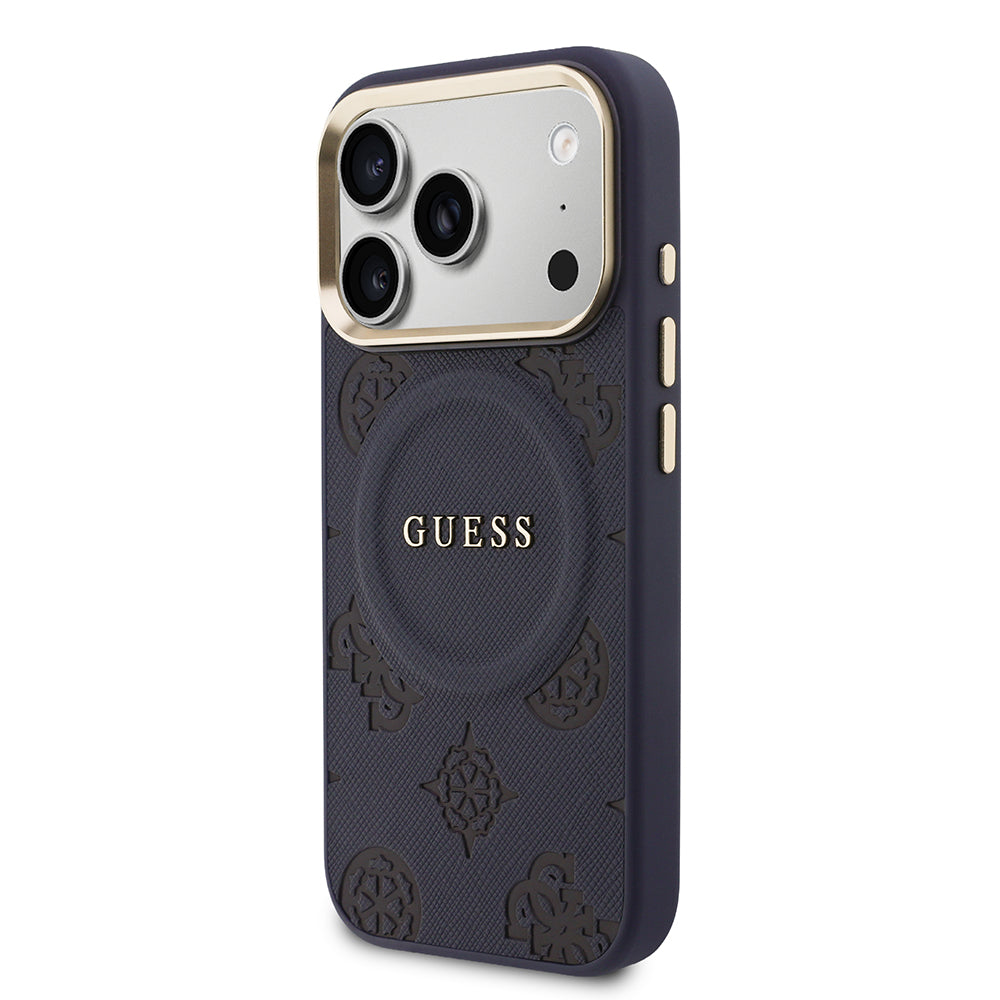 Apple iPhone 17 Pro Max Kılıf Guess M-safe Özellikli Yazı Logolu PU Deri Peony Kapak Lacivert
