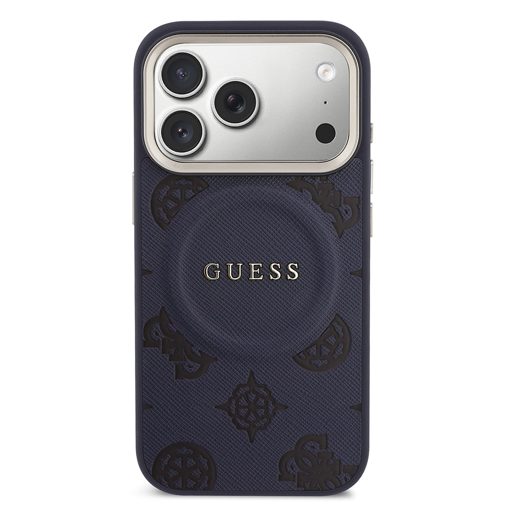 Apple iPhone 17 Pro Max Kılıf Guess M-safe Özellikli Yazı Logolu PU Deri Peony Kapak Lacivert