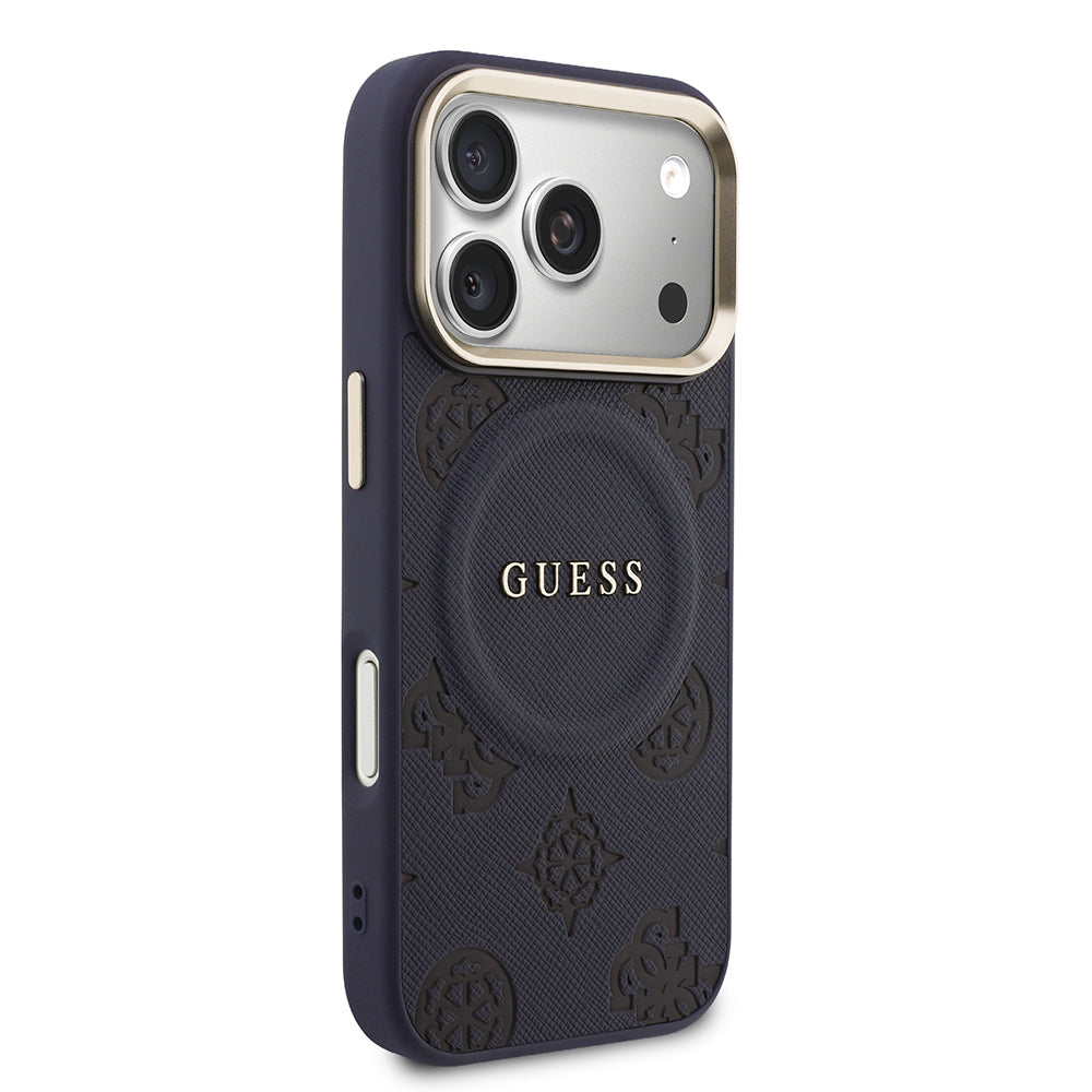 Apple iPhone 17 Pro Max Kılıf Guess M-safe Özellikli Yazı Logolu PU Deri Peony Kapak Lacivert